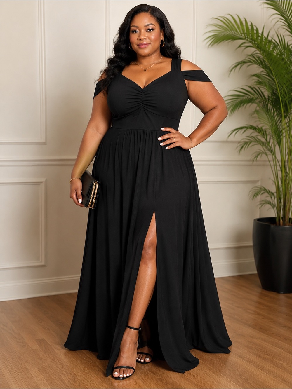 Curve 4XL Black Off-Shoulder Maxi Dress – Ruched V-Neck Slit Evening Dress